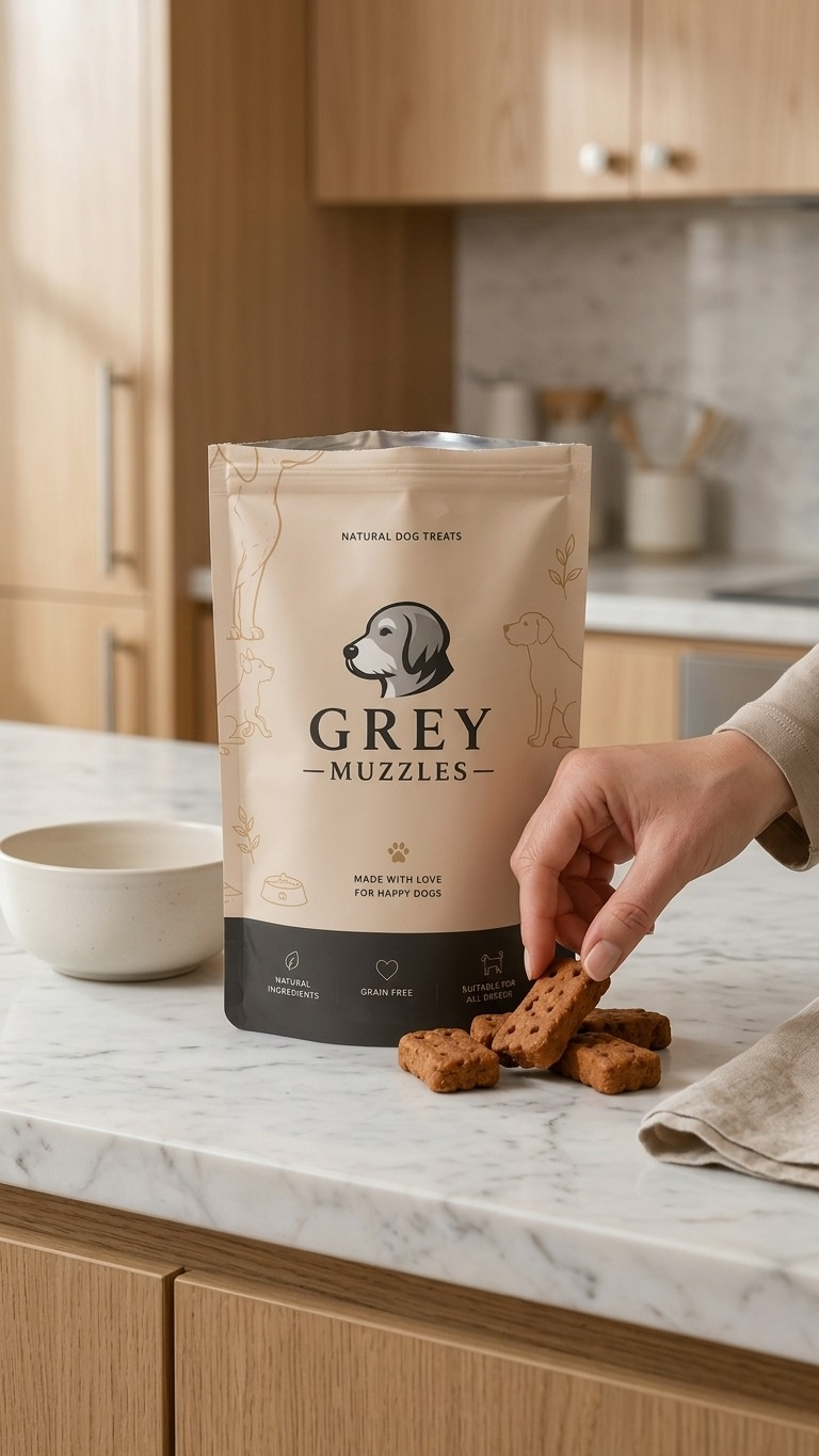 Grey Muzzles pouch in a warm home kitchen