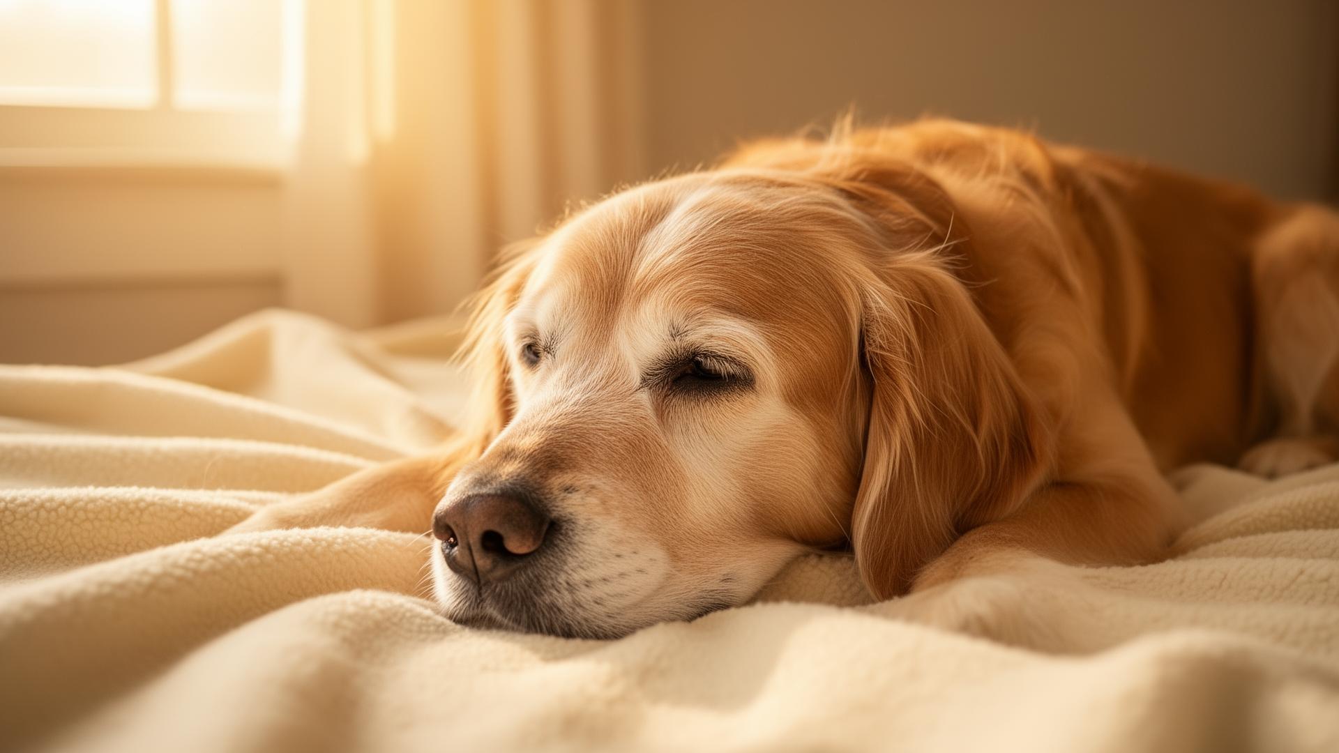 A senior golden retriever resting peacefully in warm afternoon light