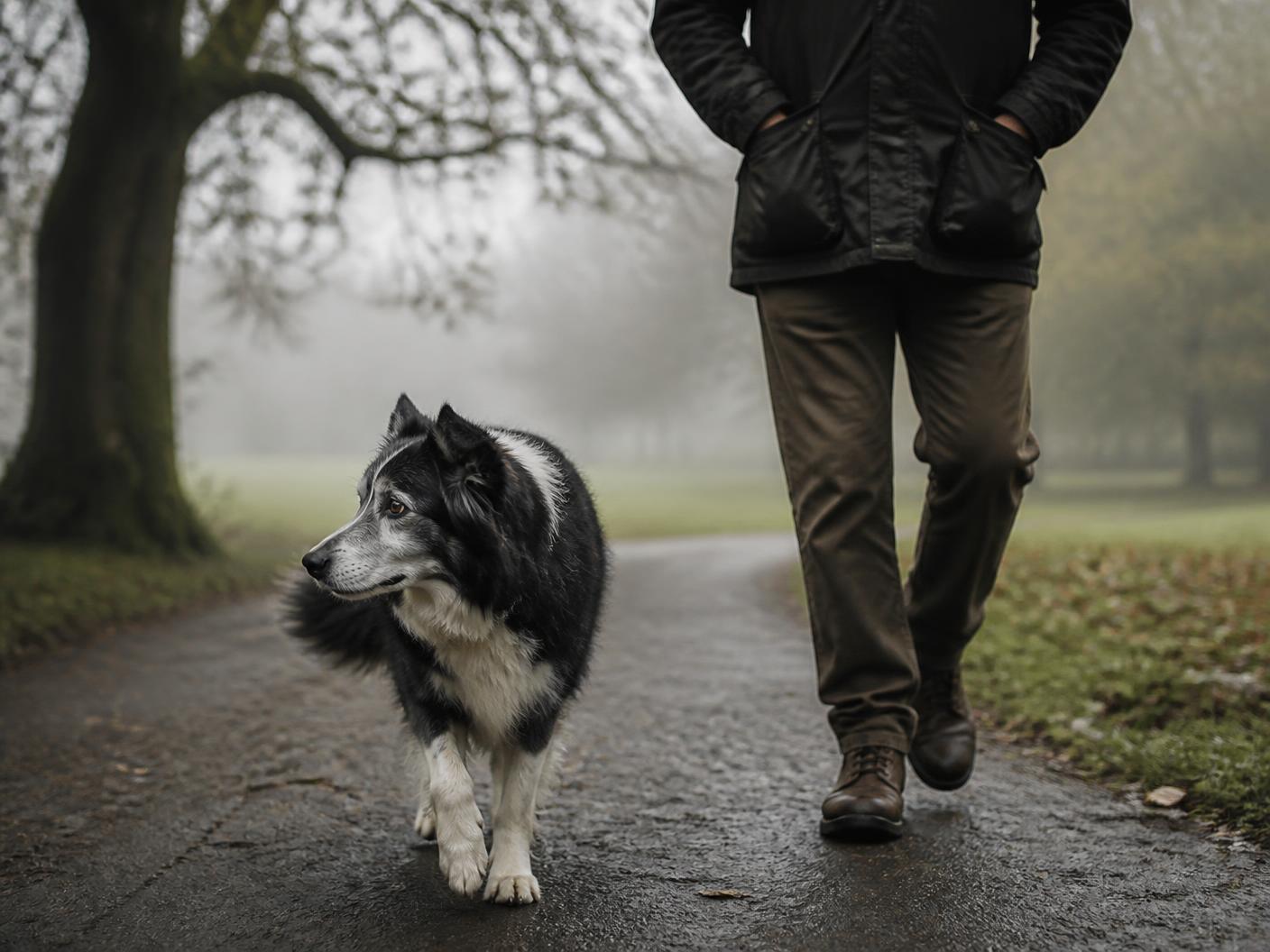 An older border collie walking beside its owner on a misty morning path