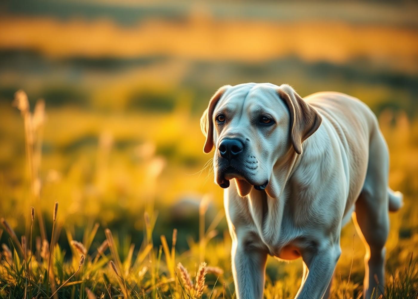 A calm older dog walking in a sunlit meadow